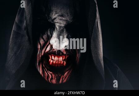 Horror photo of angry scary grim reaper painted face in hood with mist. Stock Photo