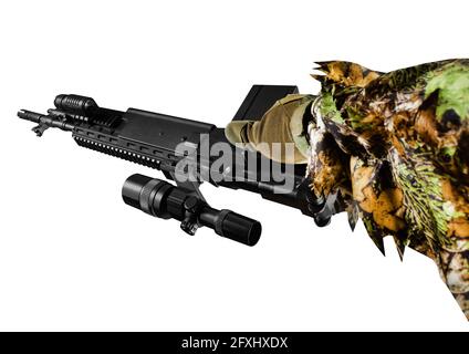 Isolated photo of first person view arm holding sniper rifle in guillie suit on white background. Stock Photo