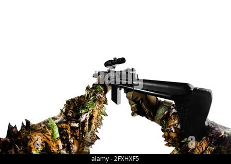 Isolated photo of first person view arms in gloves holding sniper rifle in guillie suit on white background. Stock Photo