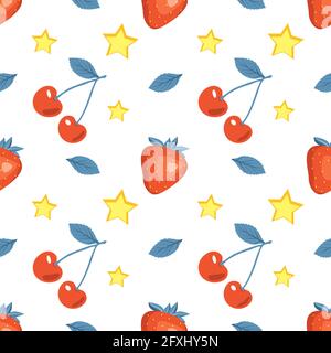 Cute summer seamless pattern with cherries, strawberries and stars. Bright print for textiles, wrapping paper and designs Stock Vector