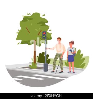 Disabled blind man on street crosswalk, handicapped character holding stick cane, walking Stock Vector