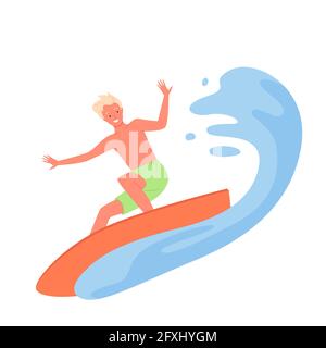 Surfing man, summer extreme sport activity, surfer riding on surfboard over tropical wave Stock Vector