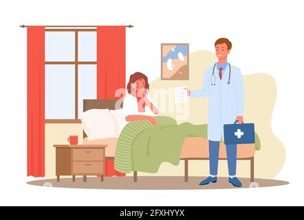 Doctor visit, medical diagnostic healthcare service concept with sick patient in bed Stock Vector