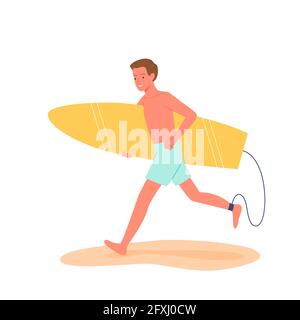Happy surfer runs with surfboard on tropical beach, summer beach travel vacation scene Stock Vector