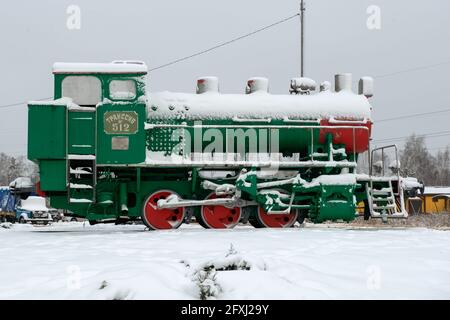 Dubna, Russia January 5 2021 Monument Tank locomotive 9P 742