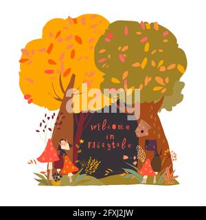 A beautiful woodland autumn scene with trees and grass and space in the centre Stock Vector