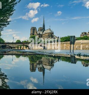 FRANCE, PARIS (75). 4TH ARR. VIEW OF THE CATHEDRAL OF NOTRE DAME DE PARIS AND ITS REFLECTION DURING THE FLOODS FROM THE QUAYS OF ORLEANS (BEFORE THE D Stock Photo