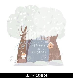 A beautiful woodland winter scene with trees and space in the centre Stock Vector