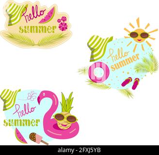 Set of isolated transparent summer compositions with beach accessories drawn in a cartoon flat style and Hello summer typography Stock Vector