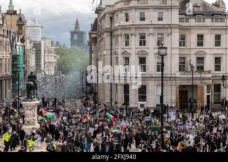Large crowd of protesters marching down Whitehall with Big Ben in background, Free Palestine Protest, London, 22 May 2021 Stock Photo