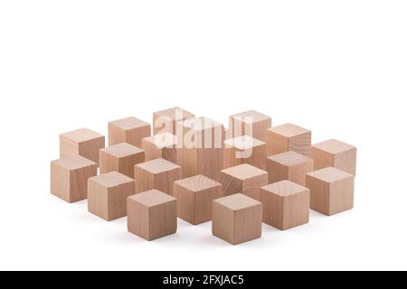 One different higher cube block among wooden blocks isolated on white with clipping path. Leadership concept. Stock Photo