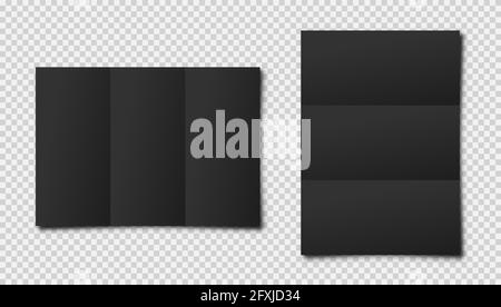 Realistic blank folded paper sheets in A4 size with shadow on checkered background. Black notebook page. Design template, mockup. Vector illustration. Stock Vector