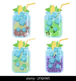 Cocktail drinks.Set of bright juicy fruit cocktails in glass jars, vector illustration in flat style, isolated, cartoon Stock Vector