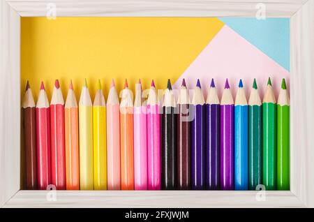 Set of wooden pencils colorful on beautiful background in photo frame, Art concepts. Stock Photo