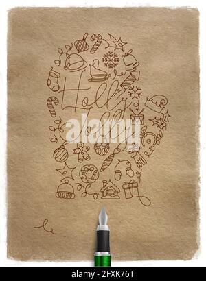 Christmas tree toy glove lettering holly jolly drawing with pen line on craft background Stock Vector
