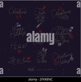 Christmas pen line lettering for winter holidays drawing on dark background Stock Vector