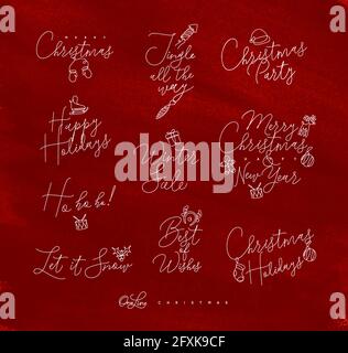 Christmas pen line lettering for winter holidays drawing on red background Stock Vector