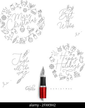 Christmas pen line monograms with lettering for winter holidays drawing on white background Stock Vector