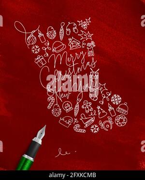 Toy socks lettering merry christmas and happy new year drawing with pen line on red background Stock Vector