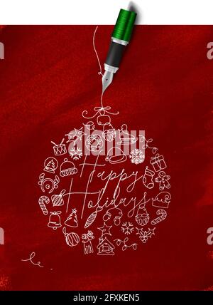 Christmas tree toy ball lettering happy holidays drawing with pen line on red background Stock Vector
