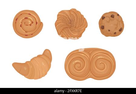 Bundle of bakery products and homemade baked food of different types, shapes and sizes isolated on white background - croissant,loaf, bun, baguette Stock Vector