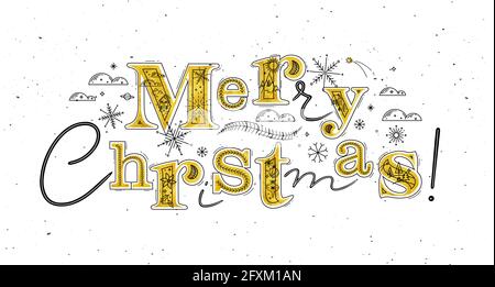 Poster lettering merry christmas drawing in graphic style on white background Stock Vector