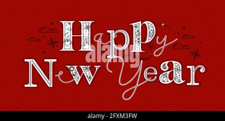 Christmas poster lettering happy new year drawing in graphic style on red background Stock Vector