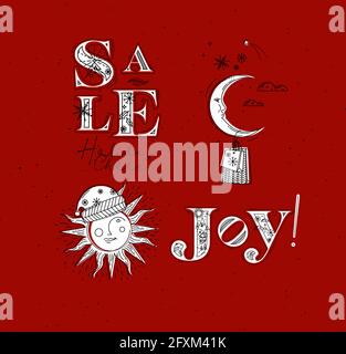 Merry Christmas elements lettering sale, holiday cheer, joy and illustrated sun with santas hat and moon with gift drawing in graphic style on red bac Stock Vector