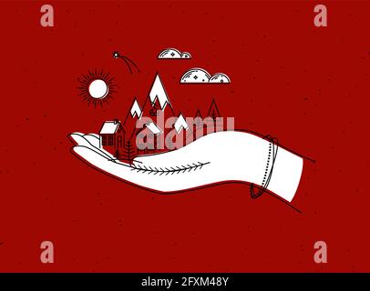Christmas poster with hand, mountains, sun, cloud, home, trees drawing in graphic style on red background Stock Vector