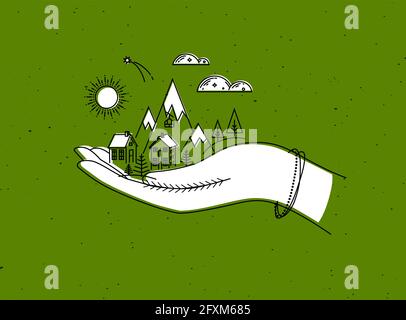 Christmas poster with hand, mountains, sun, cloud, home, trees drawing in graphic style on green background Stock Vector