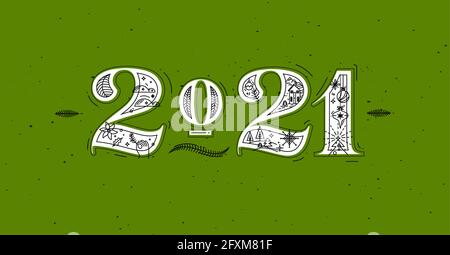Christmas poster lettering 2021 drawing in graphic style on green background Stock Vector