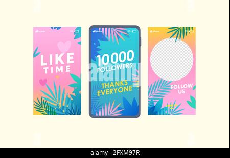 Trendy Follow us social media stories templates set. Like time, 10k followers congratulation social network, promotional. SMM, Internet advertisement Stock Vector