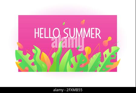 Phrase Hello Summer. Hello Summer card poster with text, tropic leaf decoration. Summertime paradise element for party invitation, print design on Stock Vector