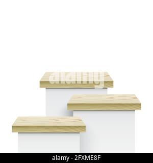 Abstract vector scene of three white pedestals with wooden covers. Stock Vector