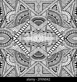 Coloring page abstract pattern with maze of ornaments. Psychedelic stylish card with black and white amazing mandala. Stock Vector