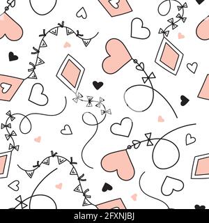 cute vector pattern with kites in pastel colors, hearts on the background, white background Stock Vector