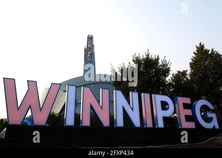 Winnipeg sign outside of the Canadian Museum for Human Rights in Manitoba, Canada. The sign is at The Forks. Stock Photo