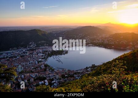 Picturesque panoramic aerial view of Lake Como at sunset, Lombardy province, Italy Stock Photo