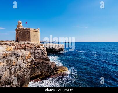 Castell de Sant Nicolau, coastal defense castle tower, Ciutadella, Menorca (Minorca), Balearic Islands, Spain, Mediterranean, Europe Stock Photo