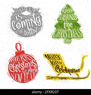 Christmas vintage silhouettes Santa's beard, Christmas tree, Christmas ball, Santa's sleigh with greeting lettering Sants Claus is coming to town, roc Stock Vector