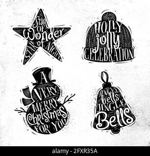 Christmas vintage silhouettes star, snowman, bell, winter hat with greeting lettering star of wonder star of night, holly jolly celebration, a very me Stock Vector