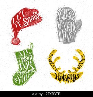 Christmas vintage silhouettes Santa hat, mitten, deer, sock with greeting lettering let it snow, happy holidays warm wishes, all i want for Christmas Stock Vector