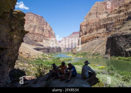 Rafters above their boats on the Colorado River through the Grand Canyon, Arizona, United States of America, North America Stock Photo