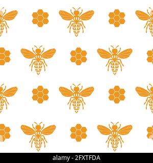 Seamless pattern with bees and honeycombs on white background. Small wasp. Vector illustration. Adorable cartoon character. Template design for Stock Vector