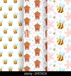 Bees seamless patterns set. Vector illustration Stock Vector