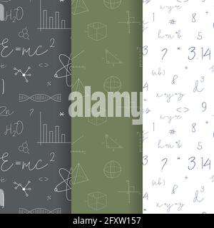 Set of three seamless mathematical school patterns. Vector illustration Stock Vector