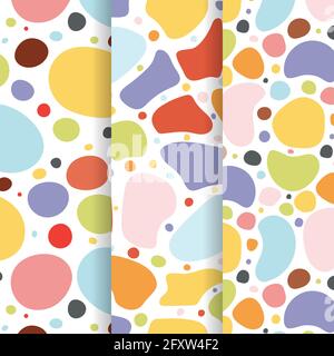 Set of three colourful seamless patterns with color splashes and dots. Vector illustration Stock Vector