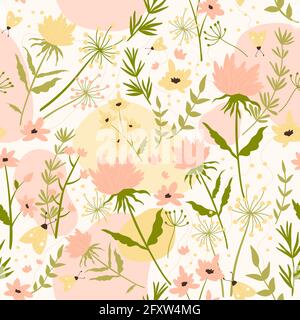 Flower field, abstract floral seamless pattern vector illustration. Decorative repeat wild meadow grass, green leaf, blossom in boho style for wrapping textile wallpaper. Flora art design background Stock Vector