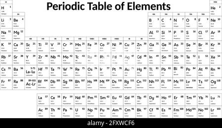 Periodic Table of chemical elements. Vector monochrome black and white Illustration. Stock Vector