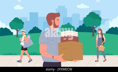 Shopping people vector illustration. Cartoon pedestrian shopper characters walking down city street, man customer holding cardboard box, lady with grocery basket from food market or shop background Stock Vector